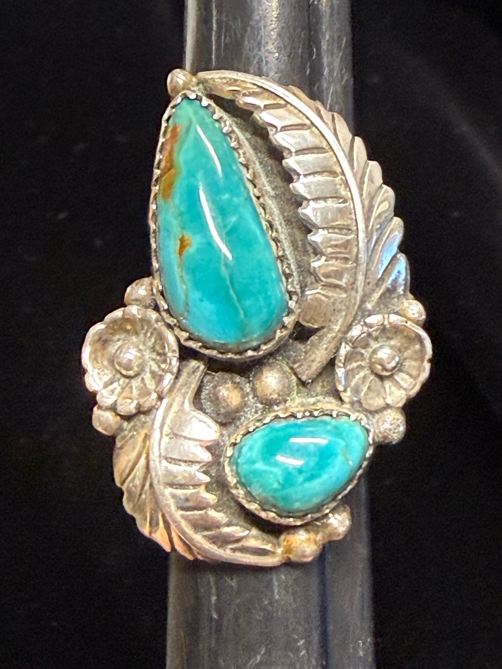 Turquoise Teardrop Sterling Floral Ring - Blue